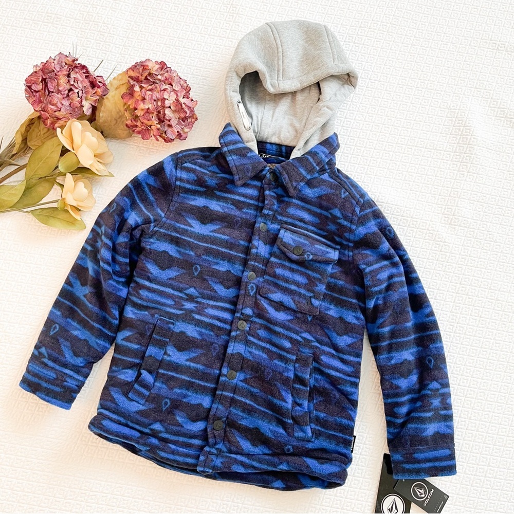 NWT Volcom Boys Fleece Sherpa Hooded Blue Aztec Jacket Size 5/6